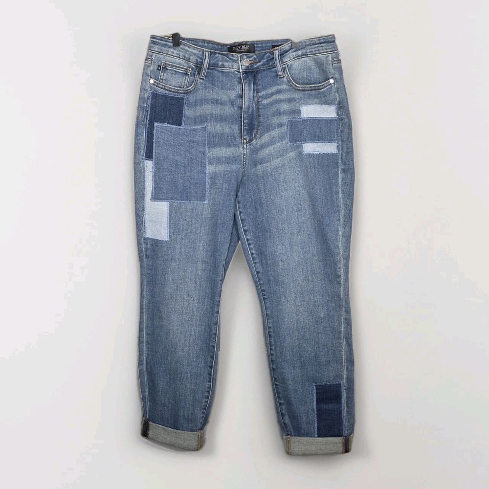 Judy Blue Jeans 15/32 Blue High Waist Boyfriend Fit Patchwork Straight Leg